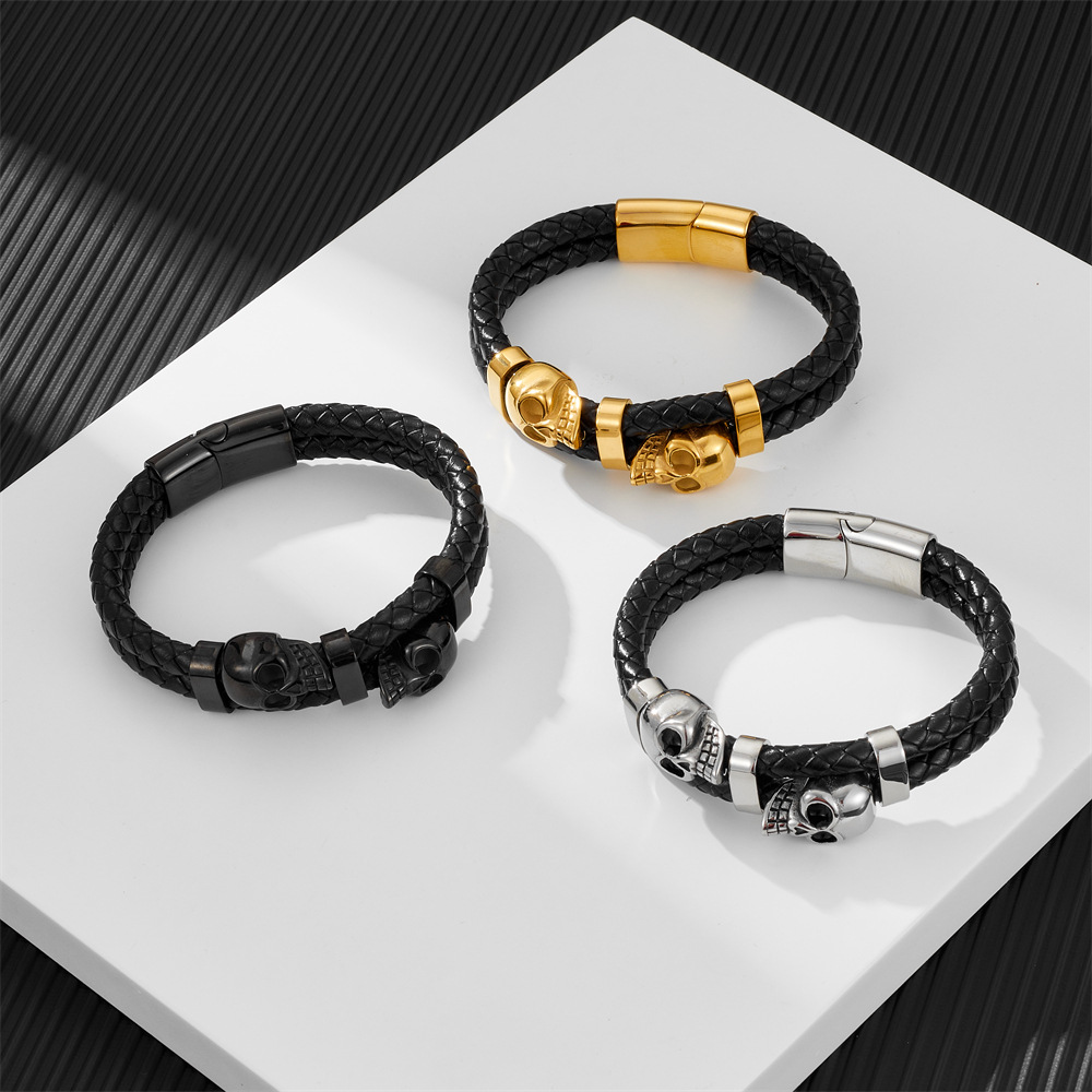 1 Piece Quantity Hip-Hop Geometric Stainless Steel Pu Leather Plating Men's Bracelets Men Cord & Leather Bracelets