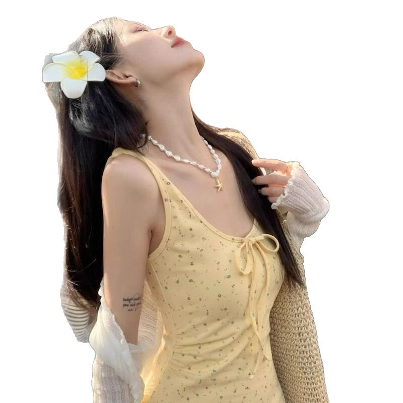黄色碎花吊带连衣裙女夏季无袖背心裙法式甜美风收腰长裙a字裙子|undefined