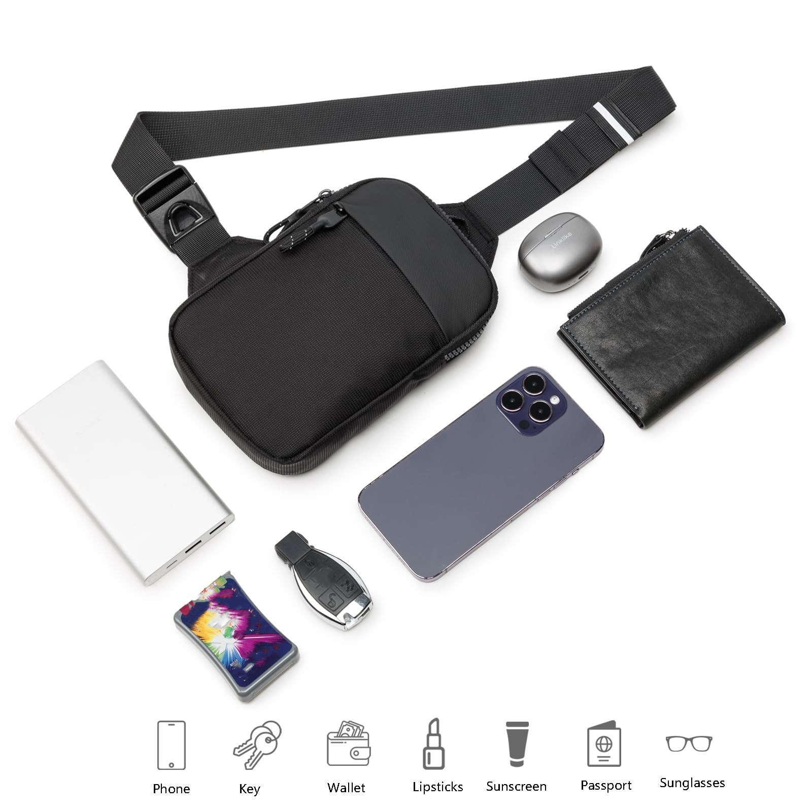 Mini borsa a tracolla per petto, corsa, telefono, chiave, unisex, allenamento, viaggio, pesca, escursionismo, campeggio, marsupio con doppia tasca_voghion.com