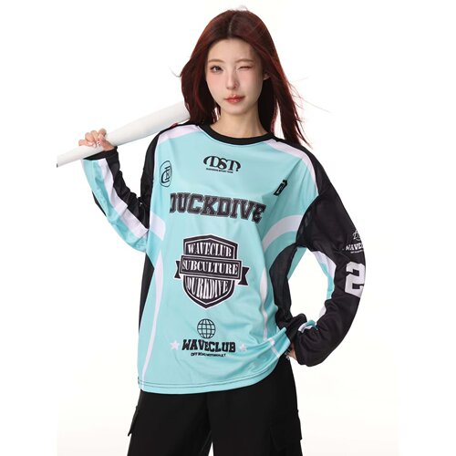 Cross-border best-selling American retro color-blocked crew neck street print loose long-sleeved T-shirt for women with mesh dance top