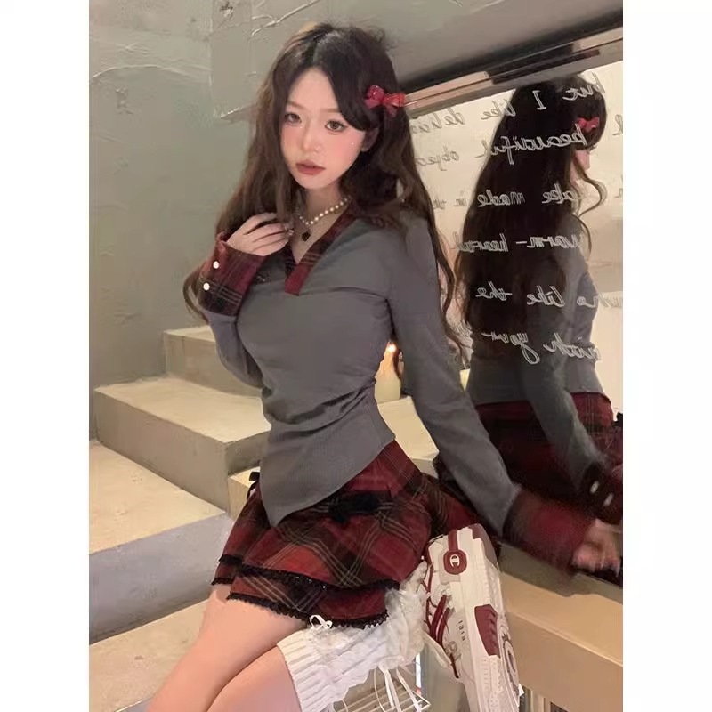美式甜辣妹格子连衣裙子女2026新款早秋穿搭百褶蓬蓬公主短裙套装