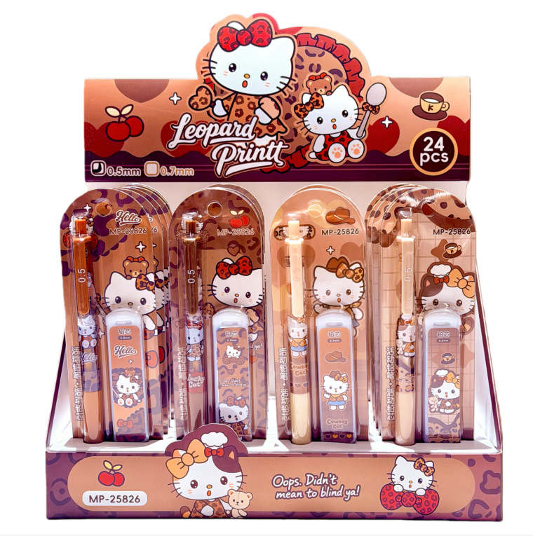 Nuevos productos de impresión de leopardo gatito juego de lápiz de dibujos animados de alto valor de cara lápiz automático de 0.5m lápiz + cartucho combinación