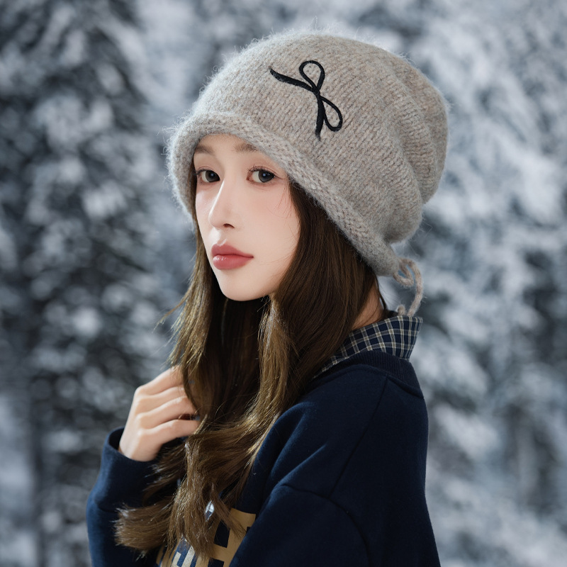 帽子女秋冬毛线帽韩版新款甜美可爱蝴蝶结冷帽百搭护耳保暖针织帽|undefined