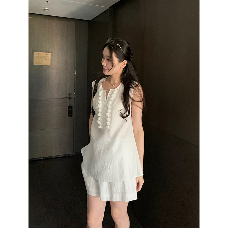 Yuanpai Tassel Lace Linen Sleeveless Vest Top + Casual Elastic Waist Shorts Set A6193+A6194