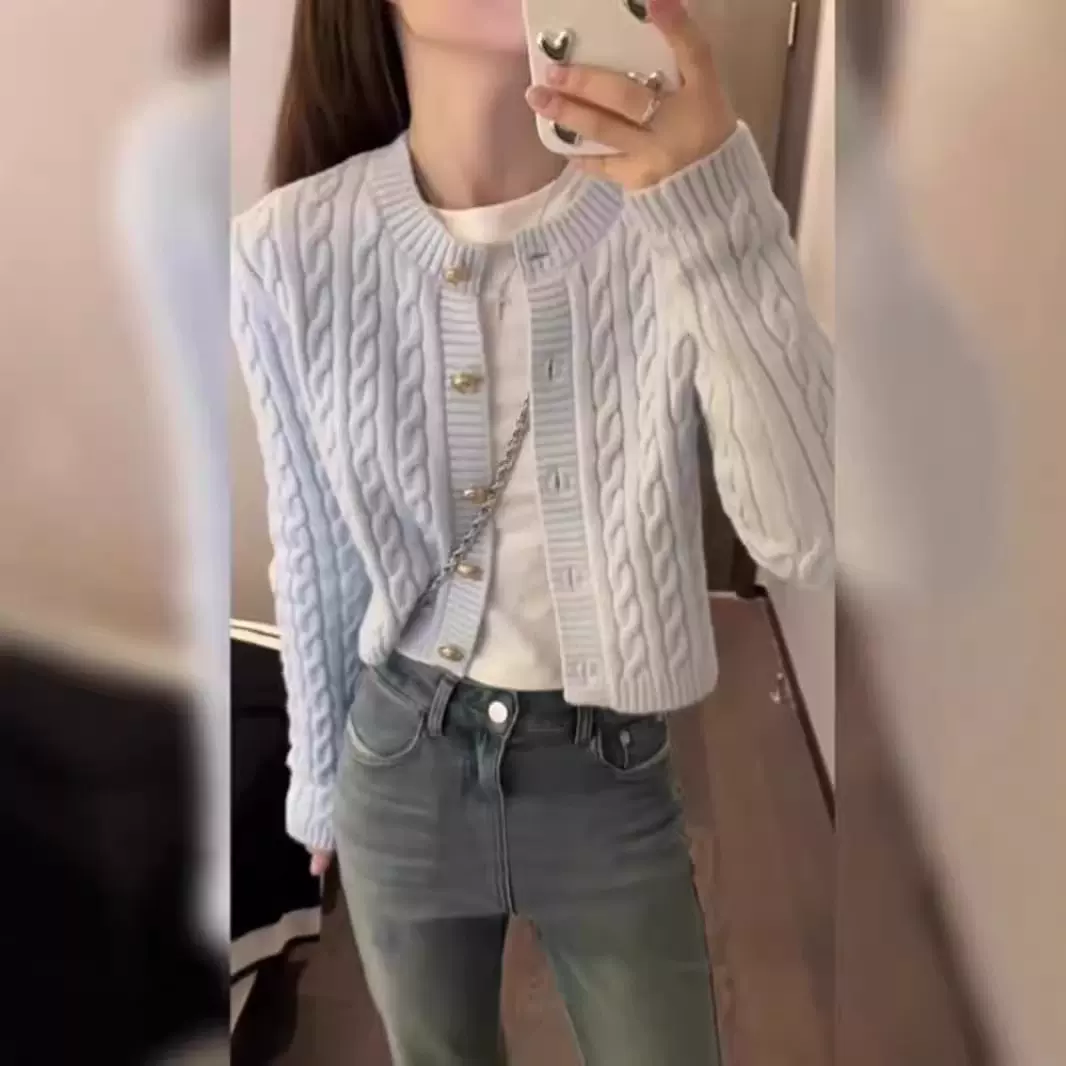 温柔春上衣女糖果色麻花毛衣开衫复古学院风短款针织小外套