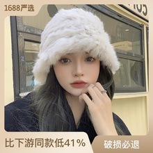 真兔毛白色毛绒帽子女秋冬季保暖显脸小护耳毛线帽皮草针织渔夫帽