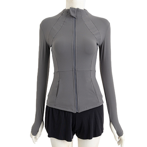 Cross-border simple self-cultivating yoga outerwear fitness long-sleeved top standing collar quick-drying sport suncoat tight-waisted