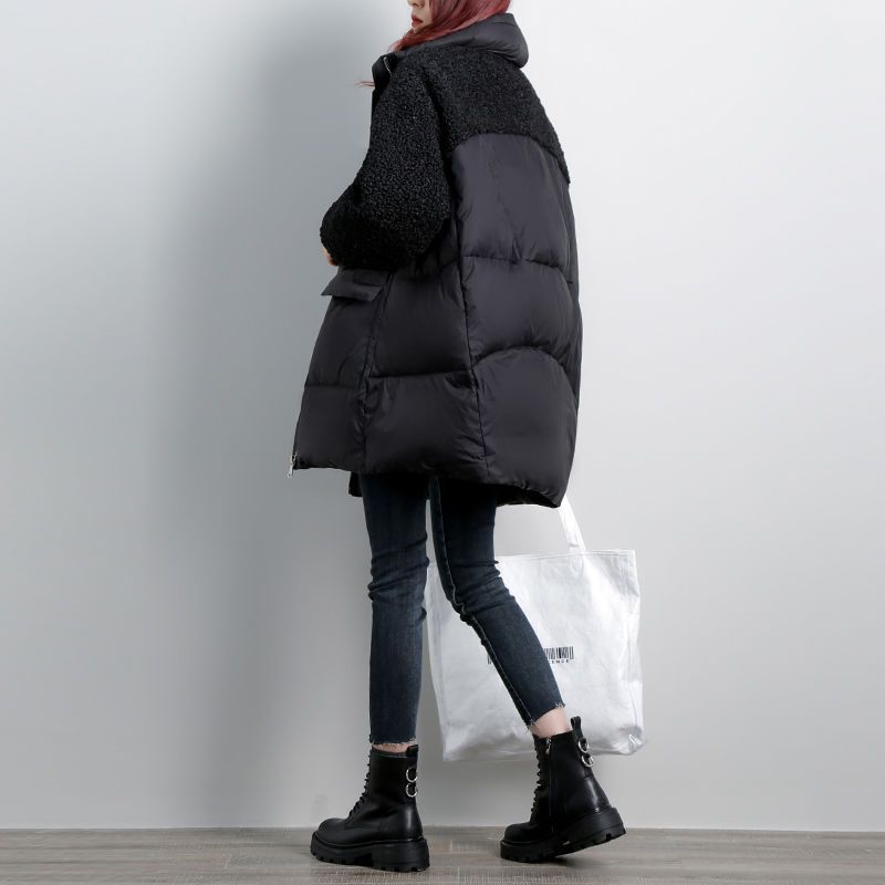Women's Clothing padded jacket mid length winter fashion splicing lamb wool cotton coat loose large size warm all match cotton coat for women_voghion.com