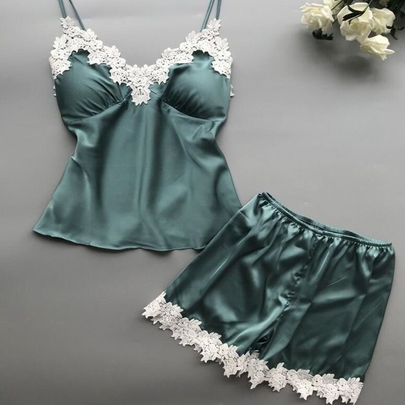European and American pajamas lace two-piece set wholesale new artificial silk home wear suit female plus size girl Summer loose