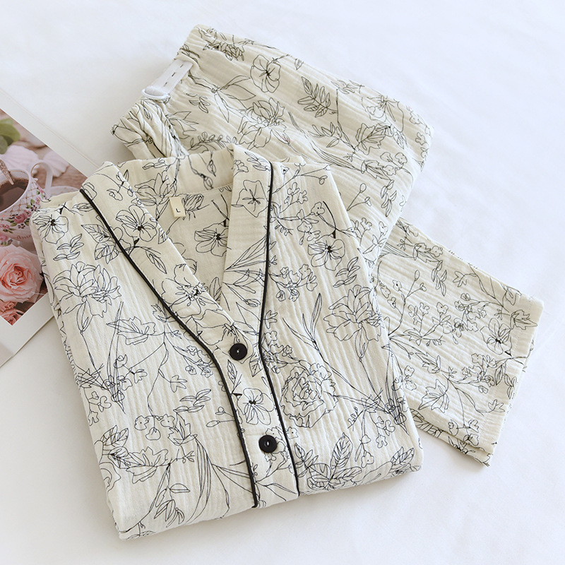 크레이프 Yuezi 의류 임신 여성의 간호 잠옷 봄과 가을 간호 순면 거즈 여름 얇은 땀 흡수 홈 의류 세트