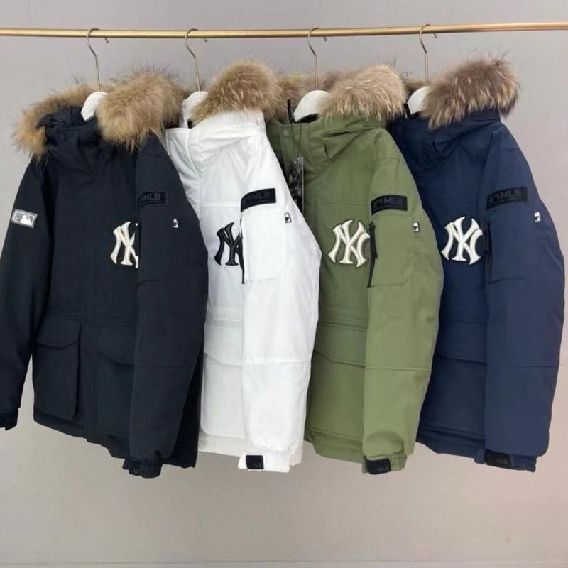MLB韩国羽绒服2024冬季洋基队ny中长款防风毛领工装连帽情侣外套|undefined