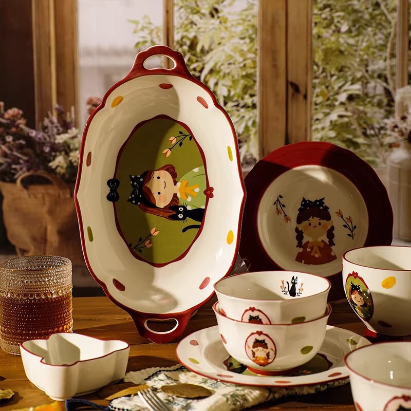 Cute Cartoon Household Underglaze Ceramic Tableware Set: Bowls, Plates, Soup Bowls, Noodle Bowls, Divided Plates, Dinner Plates
