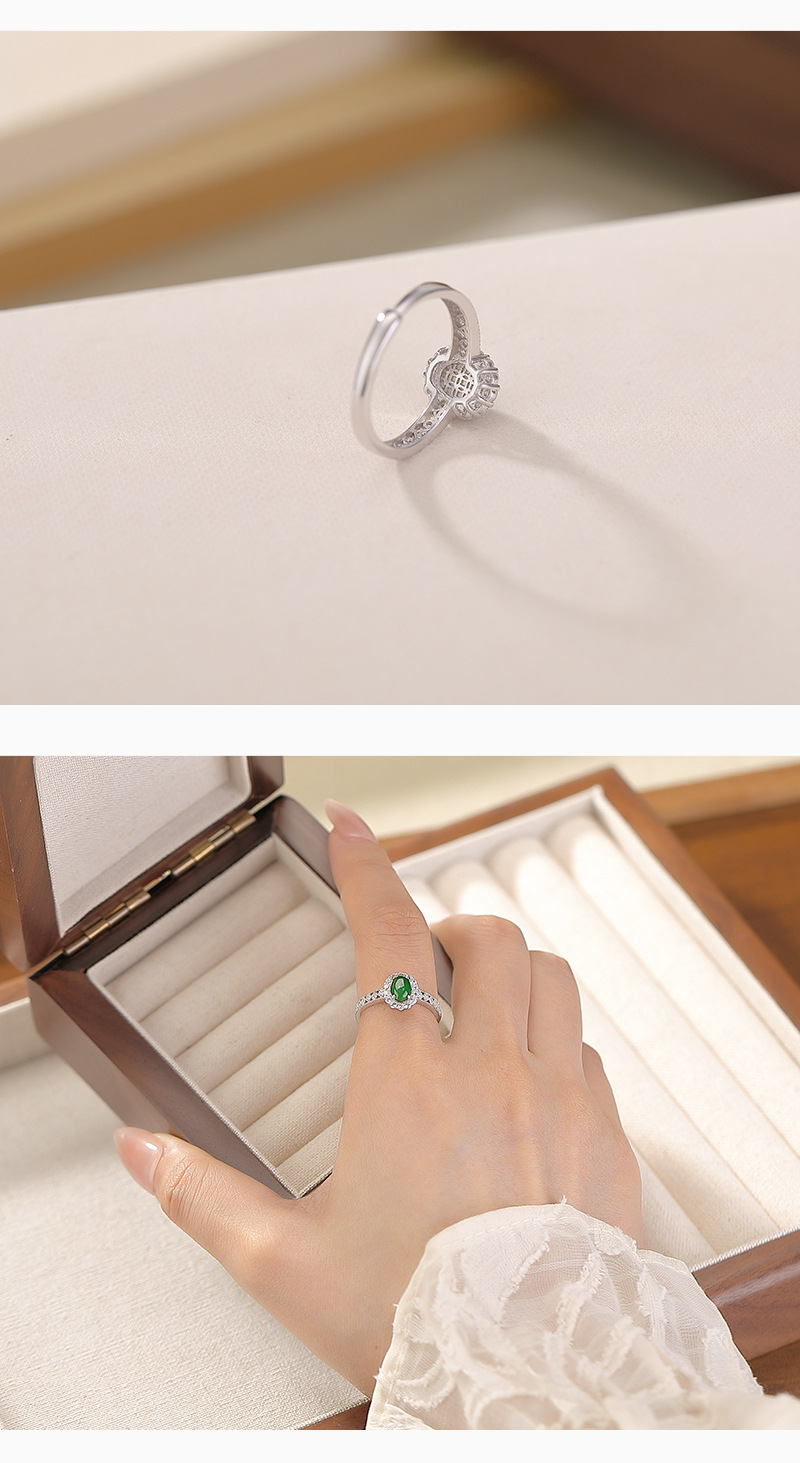 Nhẫn bạc S925 đính ngọc jadeit tự nhiên hình bầu dục cắt kim cương siêu sáng rỗng nhẹ — một mảnh chi tiết 6