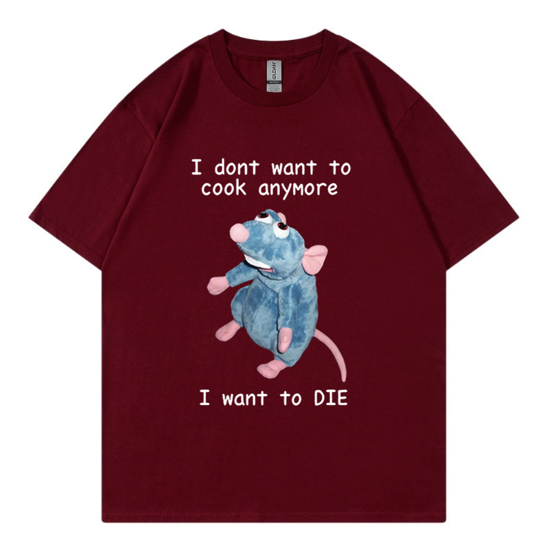 T-shirt en pur coton marque de mode sport nouveaux hommes ample col rond imprimé souris je ne veux pas cuisiner à nouveau T-shirt_voghion.com