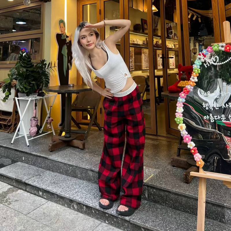 Hollister Little Seagull Red and Black Plaid Drawstring Casual Pants Letter Webbing Loose Casual Pants Pajamas Hollister Little Seagull Red and Black Plaid Drawstring Casual Pants Letter Webbing Loose Casual Pants Pajamas