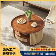 北欧圆茶几日式民宿藤家具小茶几侘寂风复古实木藤编圆形矮桌几