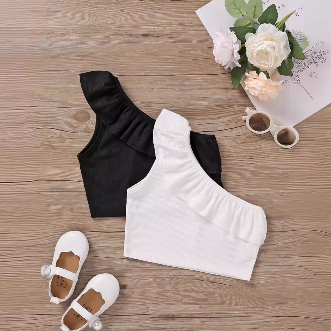 Girls' Cross-border New Products European and American Summer Baby Pleated Single Shoulder Thin One-piece Children's Vest Infant and Toddler Cotton 