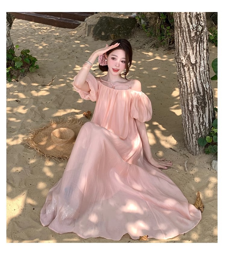 Off Shoulder Short Sleeve Vacation Dress For Summer Holidays_voghion.com