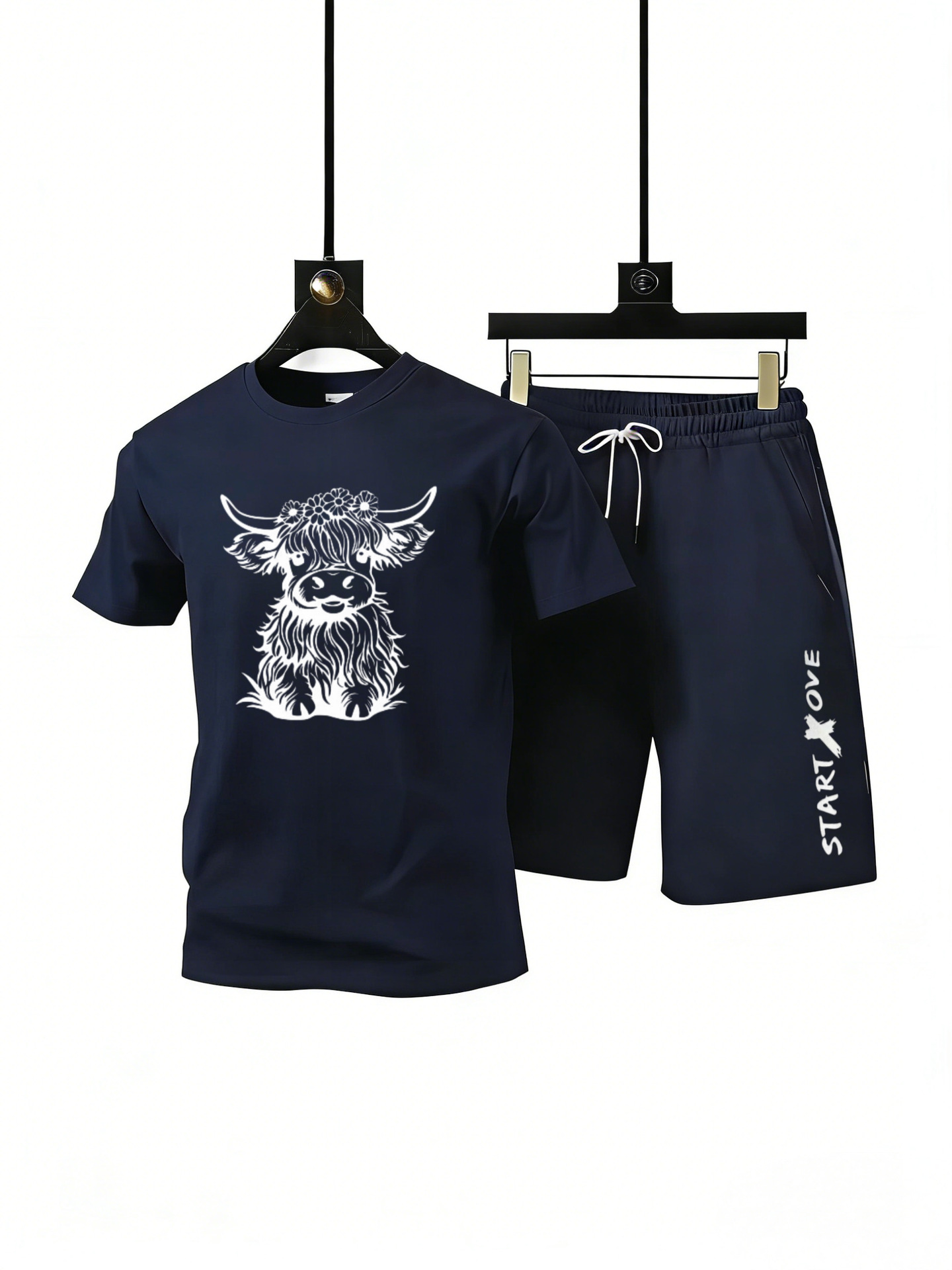 2026 Spring And Summer New Small Flower Highland Cow Print, Men's Outdoor Indoor Sports Suit, Short-sleeved Shorts Two-piece Set_viptrois.com