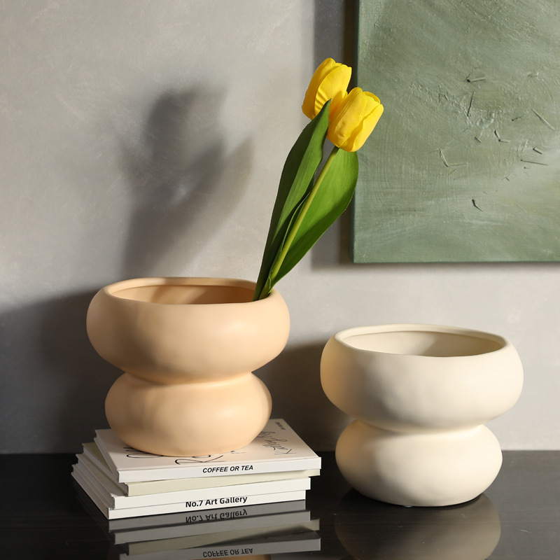Moderno simple Boca Grande estilo crema jarrón de cerámica decoración nórdico flor seca arreglo hogar sala de estar decoración de la flor