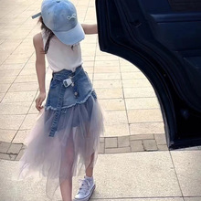 女童连衣裙洋气时髦夏装设计感牛仔拼接纱裙中大童韩版半身裙套装