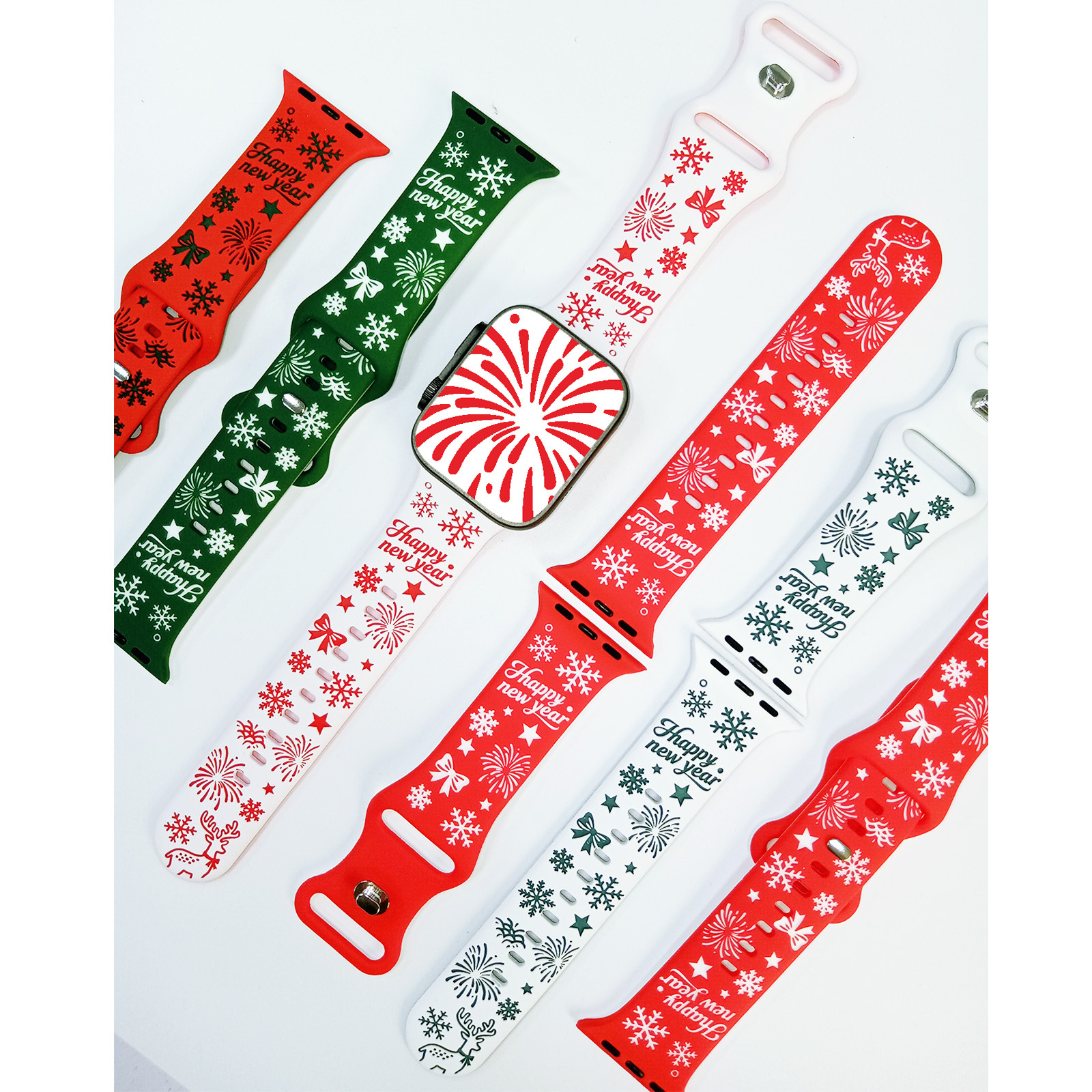 Suitable for Apple Watch Strap iWatch S8 Laser Engraving Fireworks Figure-Eight Buckle Two-Color Silicone Strap New Year's Day