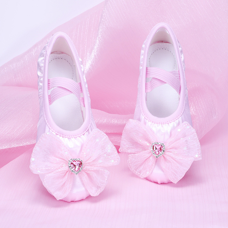 New Elegant Kidsren's Dance Shoes Pink Big Bow Soft Bottom Practice Ballet Body Female Dance 8064