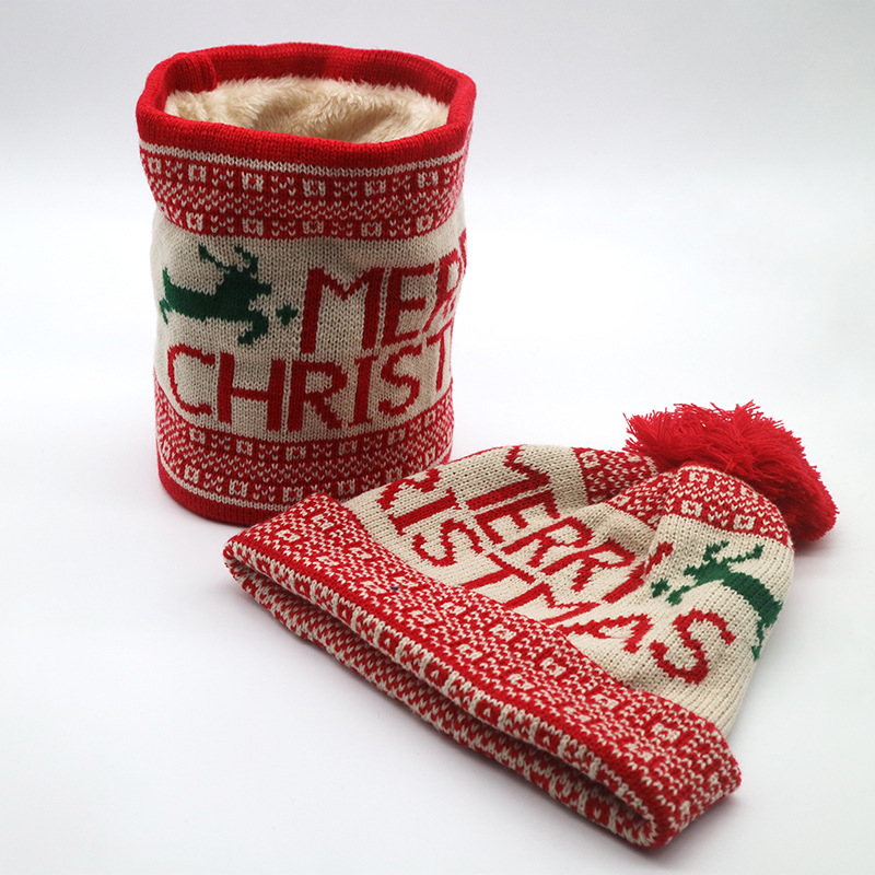Apparel Accessories fur ball deer Christmas hat scarf suit knitted scarf fleece-lined collar warm Christmas hat_voghion.com