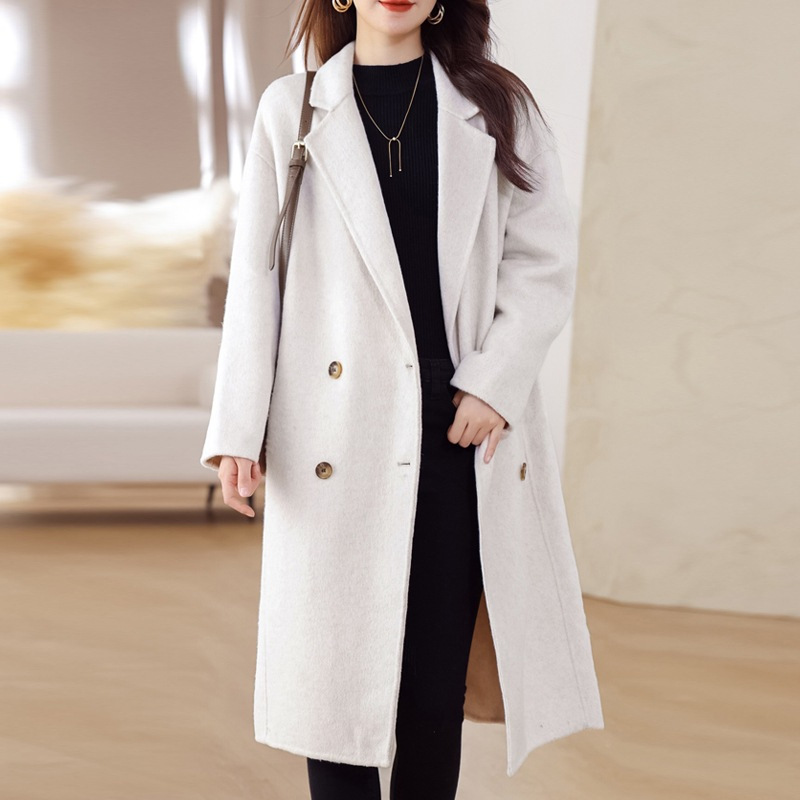 2025 New Style Autumn and Winter Woolen Outwear for Small People Double-Breasted Mid-Length Cocoon-Shaped Outwear for Women Black Regular