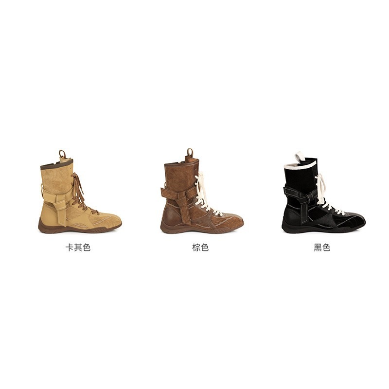 牛皮版~葡萄妈同款时髦复古拼色百搭绑带侧拉链拳击德训马丁靴女|undefined