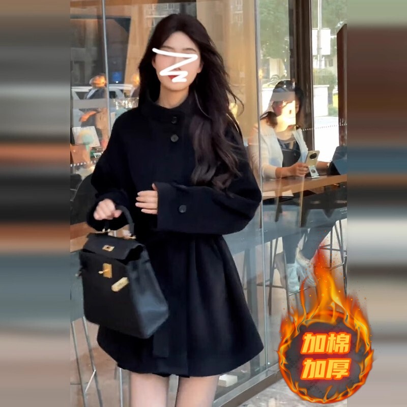 Short Black Woolen Coat for Petite Women, 2026 Autumn and Winter New Korean Style Elegant Thick Woolen Coat Short Black Woolen Coat for Petite Women, 2026 Autumn and Winter New Korean Style Elegant Thick Woolen Coat