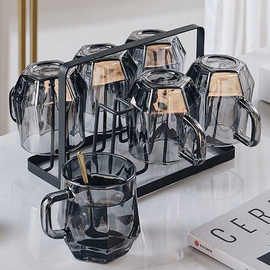 钻石玻璃杯家用带把手水杯子女高颜值六棱杯泡茶杯套装啤酒咖啡杯