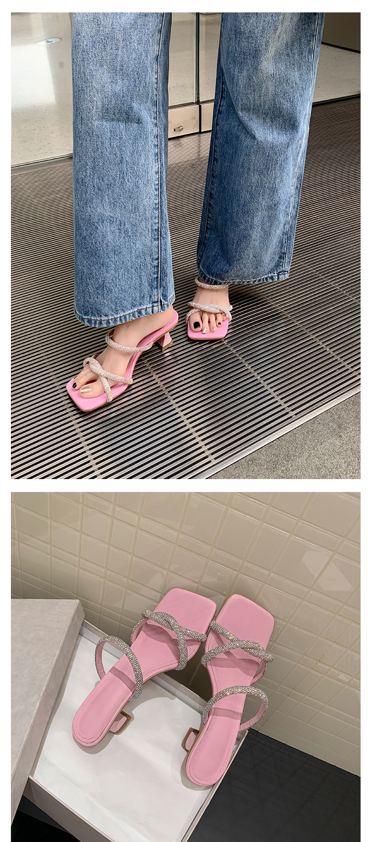 Dép sandal cao gót nữ quai mảnh đính đá mũi vuông gót dày 9 cm — đen, màu hồng, trắng chi tiết 22