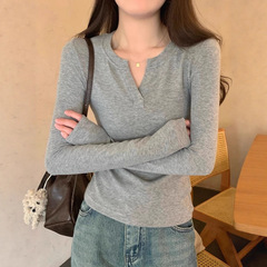 2025半开领棉长袖T恤女修身韩系早秋感穿搭v领内搭短款打底上衣潮