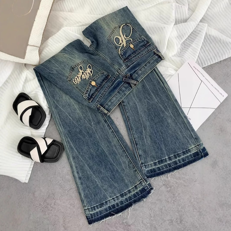 American Style Retro Low-Rise Micro-Lar Jeans Women's Embroidered Old High Street Spice Girl Slim-Fit Slimming Trumpet Pants