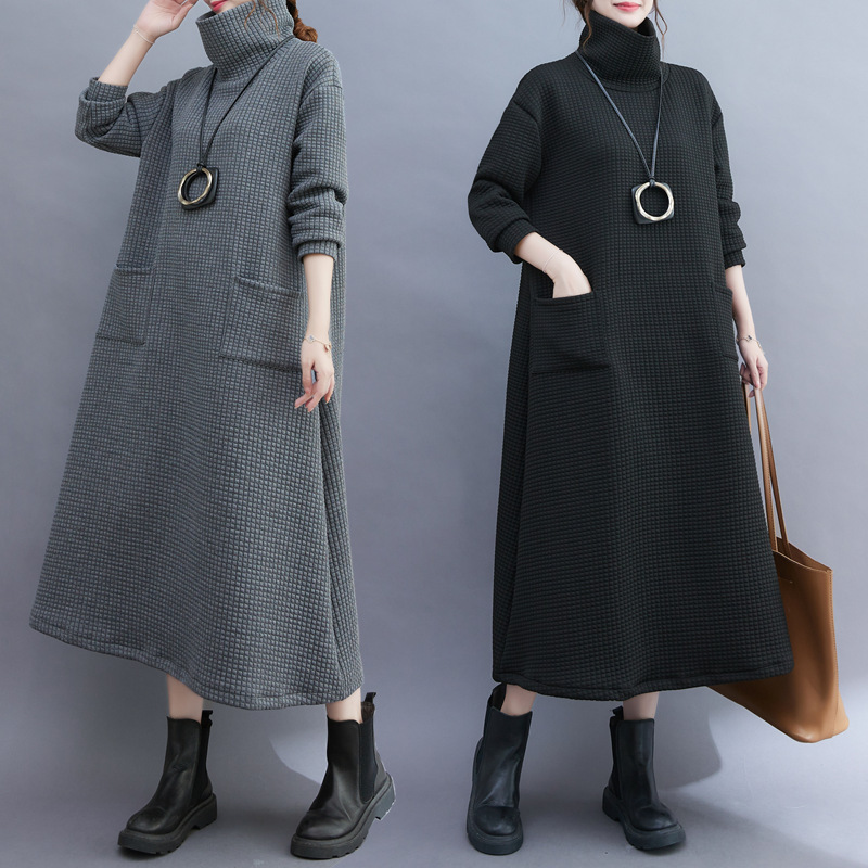 Real Shot in Stock 2022 Autumn and Winter New Large Size High Collar Patch Pocket Pure Color Long Sleeve Long Dress for Women