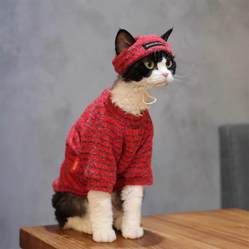 Pet cat clothes, warm for autumn and winter, suitable for Devon Rex and Siamese cats, two-legged fleece outfit, cute striped loungewear Pet cat clothes, warm for autumn and winter, suitable for Devon Rex and Siamese cats, two-legged fleece outfit, cute striped loungewear