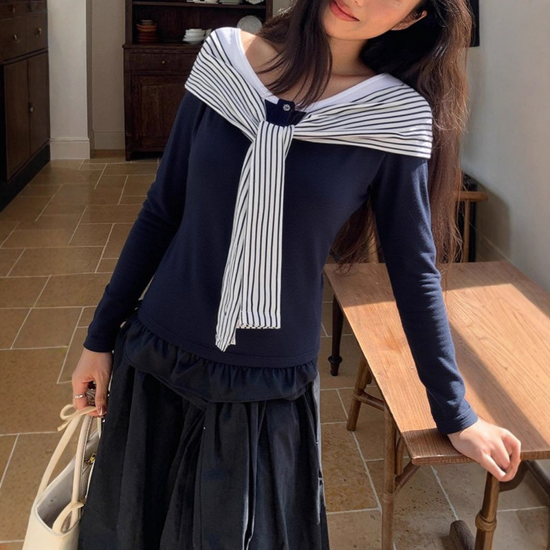 韩系假两件海军领条纹长袖t恤女秋季收腰显瘦设计感撞色打底上衣|undefined
