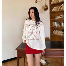 26春秋新款T恤时尚百搭减龄宽松藏肉显瘦慵懒手绘图片长袖