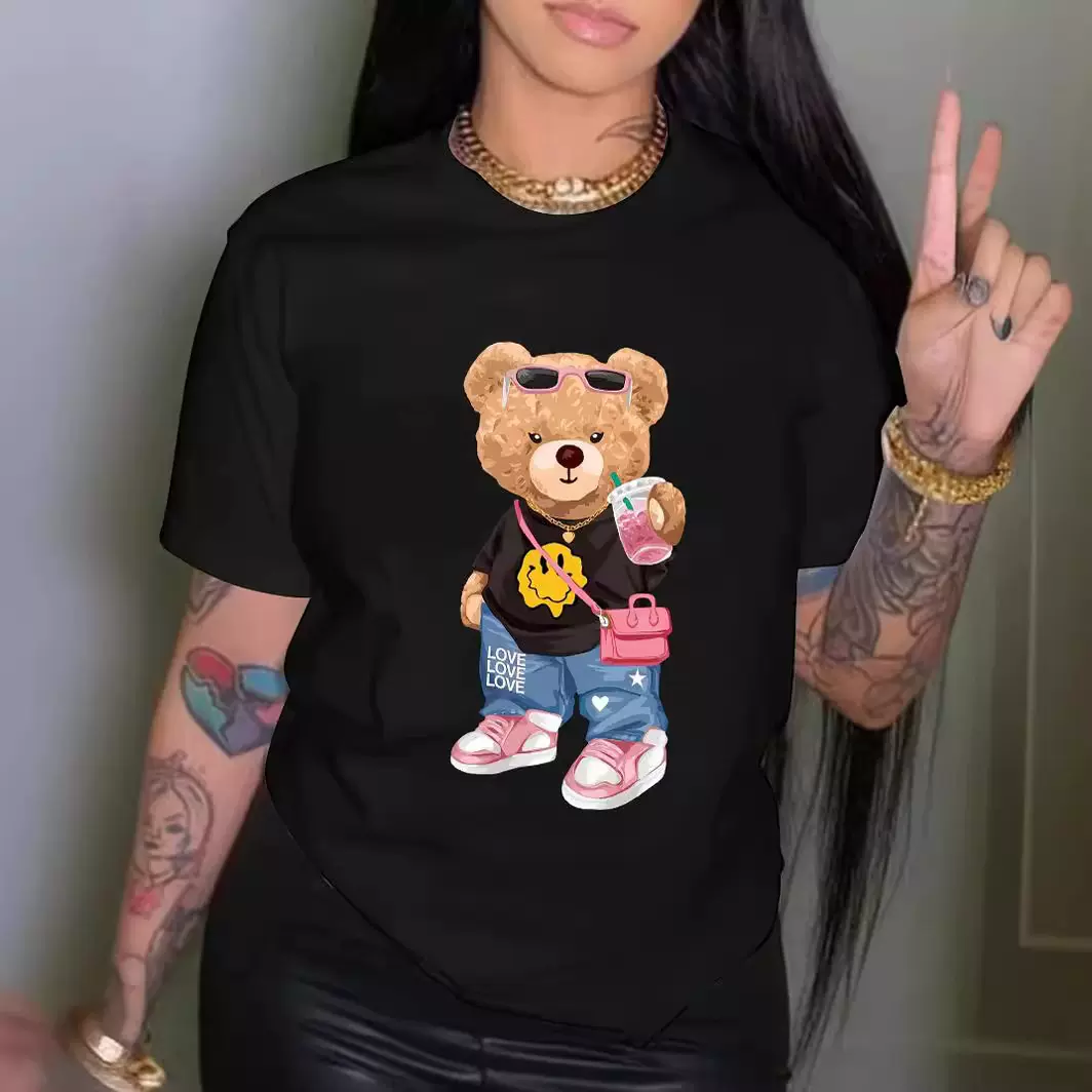 外贸现货夏季印花时尚酷炫小熊印花T恤短袖圆领休闲上衣夏季女装