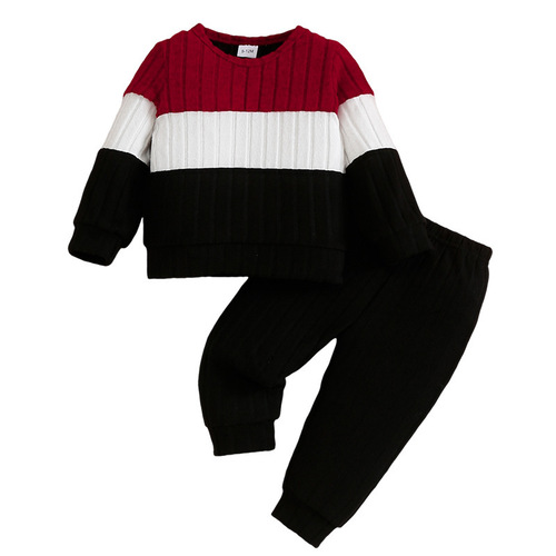 Cross-border autumn and winter boys 'sweaters set splicing color contrast warm long-sleeved sweaters casual sports two-piece set wholesale