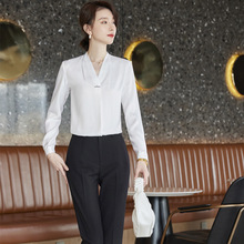 黑色V领衬衫职业装女士春秋醋酸缎面光滑白色打底衫西装打底衫