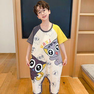 Summer Kidsren's One-Piece Pajamas for Boys and Girls, Cute Cartoon Anti-Kick Air-Conditioned Clothes, Thin Home Clothes for Small, Medium and Large Kidsren