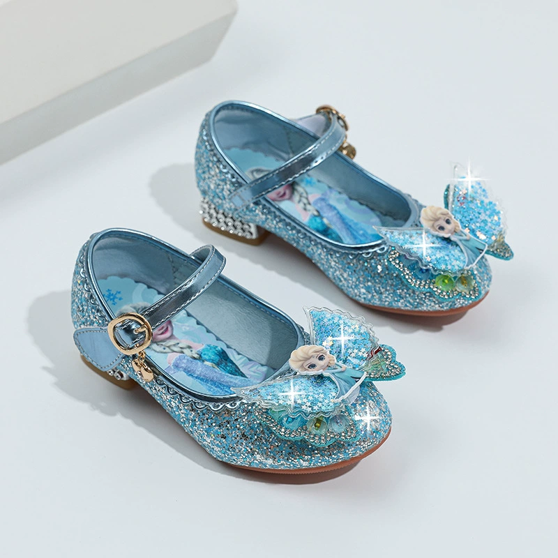 Обувь принцессы для девочек Маленькие девочки на высоком каблуке Весенне-Осенняя детская кожаная обувь Детская обувь Обувь с мягкой подошвой Elsa Crystal