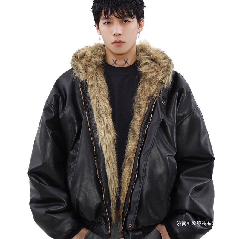 American-Style Jacket, Cotton-Padded Jacket for Men, Winter Fleece-Lined and Thickened, Double-Sided Leather and Fur Integrated Coat, Men's Retro Cotton Coat
