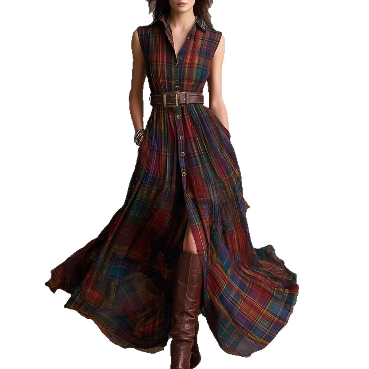 2026shein European And American Independent Site Cross-Border Vacation Western Bohemian Plaid Pocket Dress_ecoleips.com