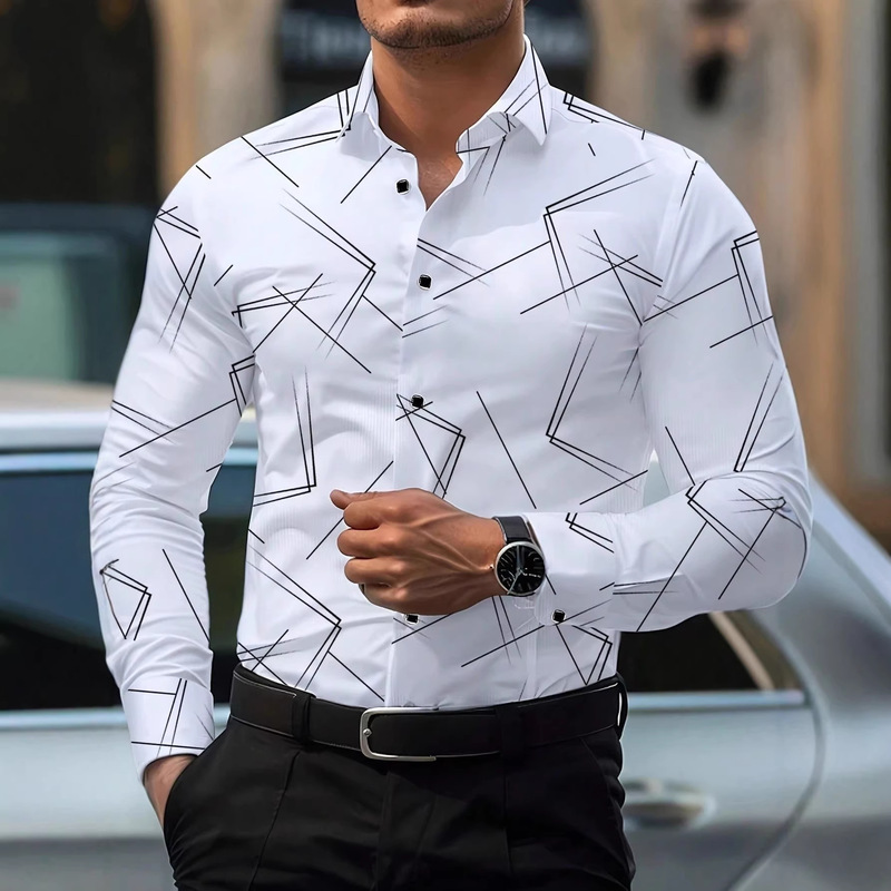 Men's Shirt with Lapel Collar, Breathable Business Shirt, Cross-Border Striped Print, Fashionable Casual Long-Sleeve Shirt for Young and Middle-Aged Men