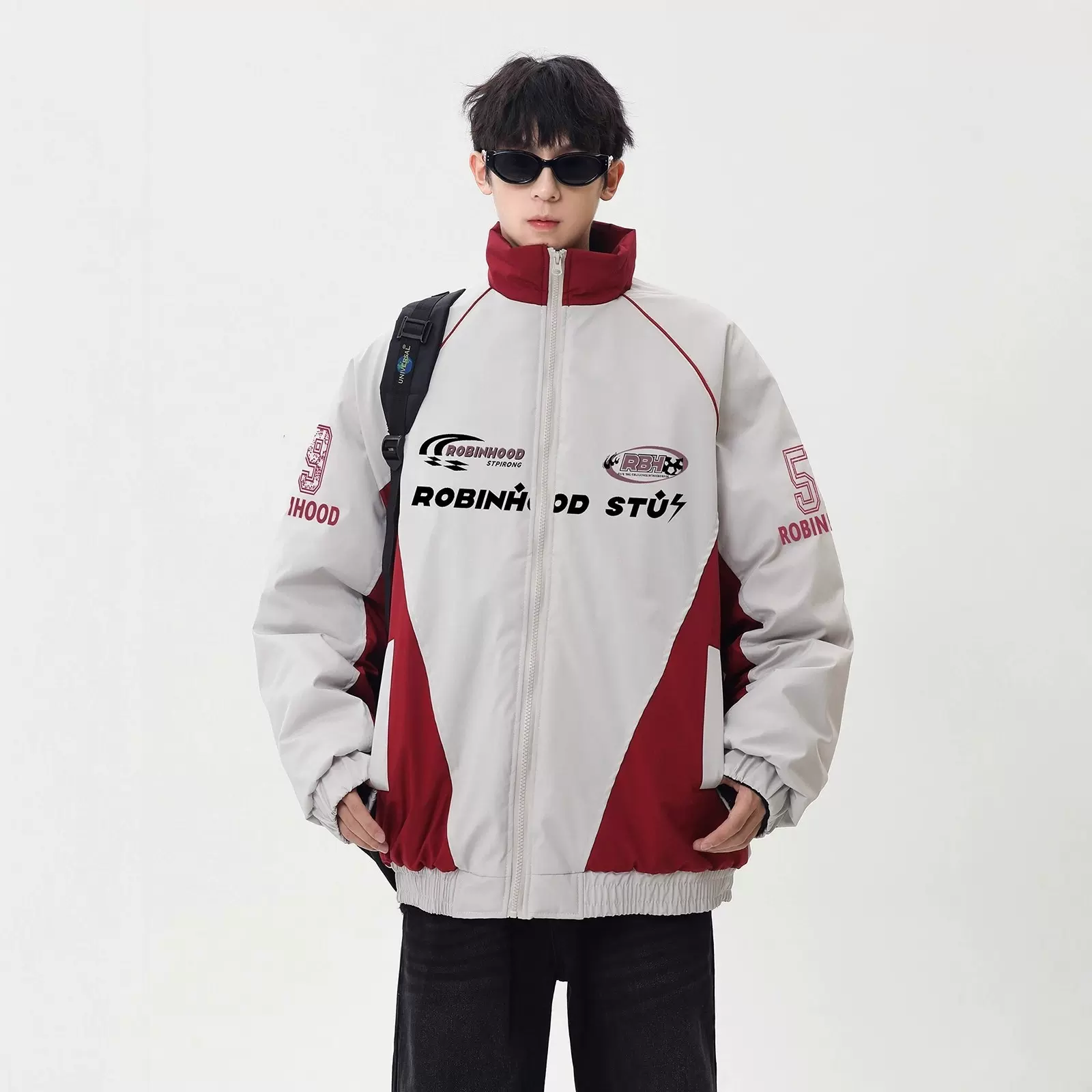 跨境立领插肩外套男士亚马逊新款美式高街宽松拼接撞色赛车服夹克