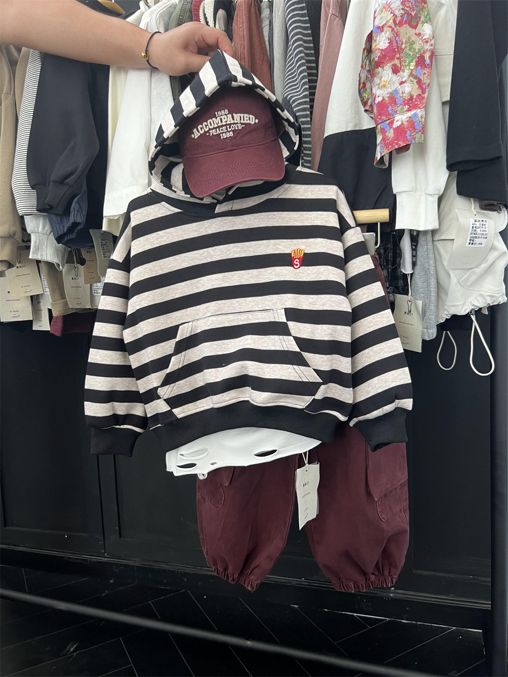 Felpa con cappuccio a righe con patatine fritte americane per bambini, per ragazzi e ragazze, stile autunnale, felpa con cappuccio a maniche lunghe_voghion.com