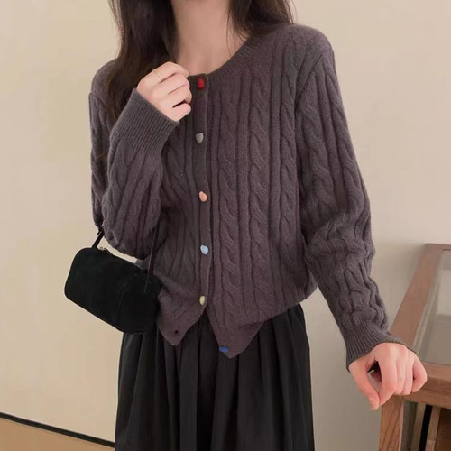 Retro soft waxy love color button twist knitted cardigan sweater for women autumn and winter design niche fashion commuting trend